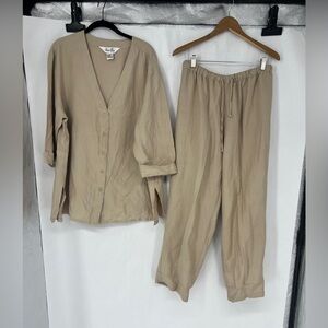 Louise Paris Lagenlook Tan Linen-Blend Button Front Top & Drawstring Pants Set